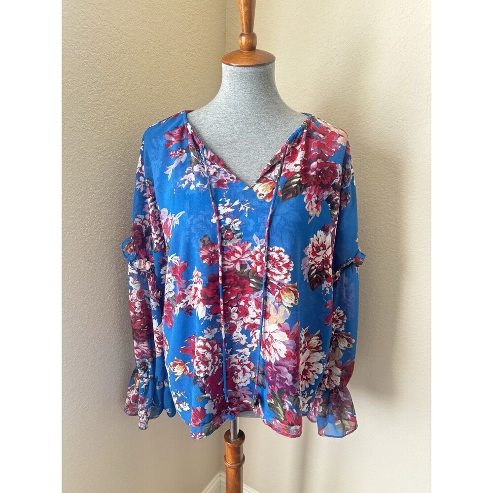 Elie Tahari Size Medium Blue Red Floral Print Ruffle Sleeve Sheer Blouse